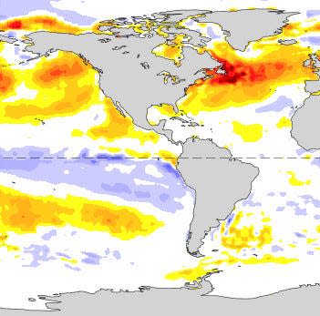 This NOAA image shows the anomalies in sea surface temperatures for the week of Aug. 28, with the darker red showing water temperatures nearly 9 degrees above normal and the palest orange showing temperatures about 1.9 degrees above normal.