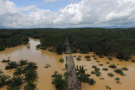 A bridge damaged by floods is pictured at Chai Buri District, Surat Thani province, southern Thailand, January 9, 2016. Picture taken January 9, 2016. Dailynews/ via REUTERS