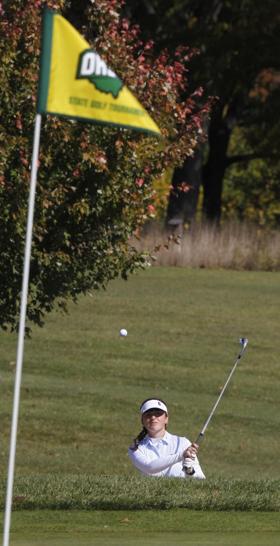 Garaway's Sammi Miller chips onto the green during the Girls Division II State Championships on Oct. 15 at the Ohio State Golf Club Gray Course.
