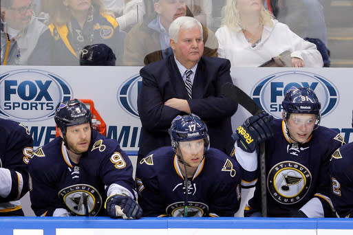 St. Louis Blues head coach Ken Hitchcock watches the action during the third period of an NHL hockey game against the Boston Bruins Friday, Feb. 20, 2015, in St. Louis. The Blues won 5-1. (AP Photo/Scott Kane)