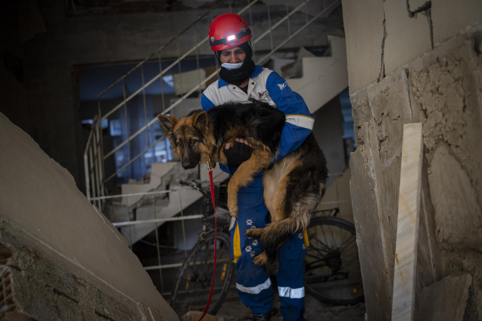 Mehmet Gurkan, a member of the Turkish animal rights group HAYTAP, rescues a dog that was trapped for seven days inside a house affected by the earthquake in Antakya, southeastern Turkey, on Sunday, Feb. 12, 2023. (AP Photo/Bernat Armangue)