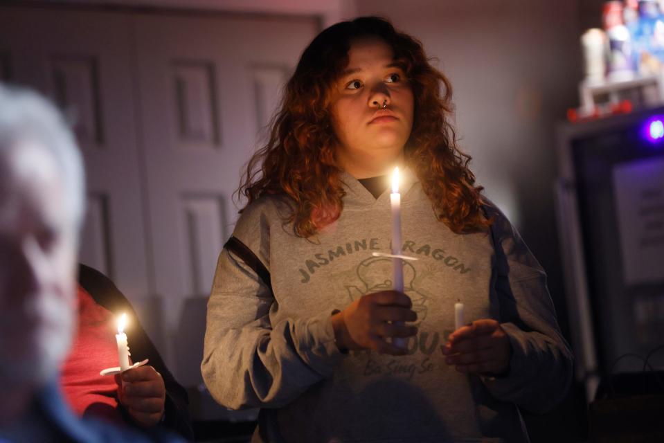 Madison Bowman attends a candlelight service for Nex Benedict on Saturday at Point A Gallery, 2124 NW 39 in Oklahoma City.