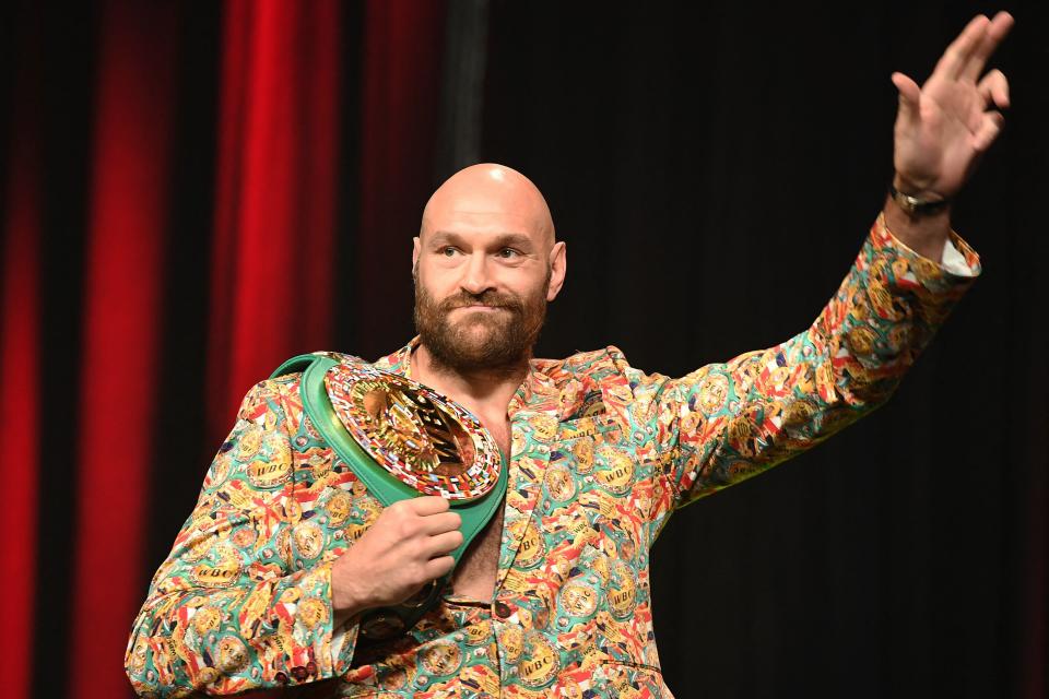 British champion boxer Tyson Fury attends a press conference for his WBC heavyweight championship fight against challenger US boxer Deontay Wilder, October 6, 2021 at the MGM Grand Garden Arena in Las Vegas, Nevada ahead of their October 9, 2021 fight. (Photo by Robyn Beck / AFP) (Photo by ROBYN BECK/AFP via Getty Images)