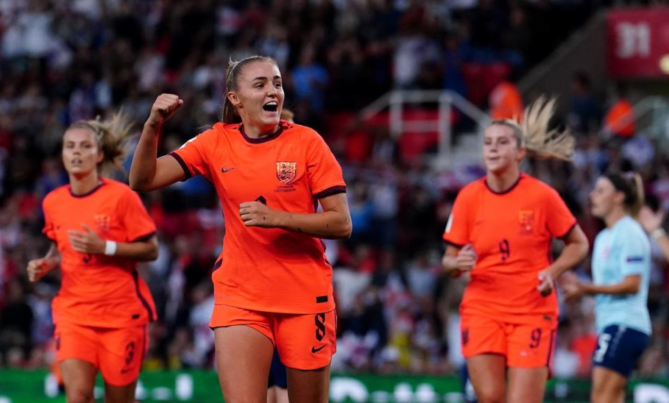 Georgia Stanway celebrates her opener, pursued by fellow goalscorers Rachel Daly, left, and Alessia Russo (Martin Rickett/PA) (PA Wire)