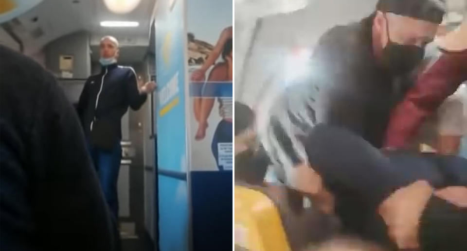 The plane passenger near the door before being tackled by others onboard. Source: CEN/Australscope