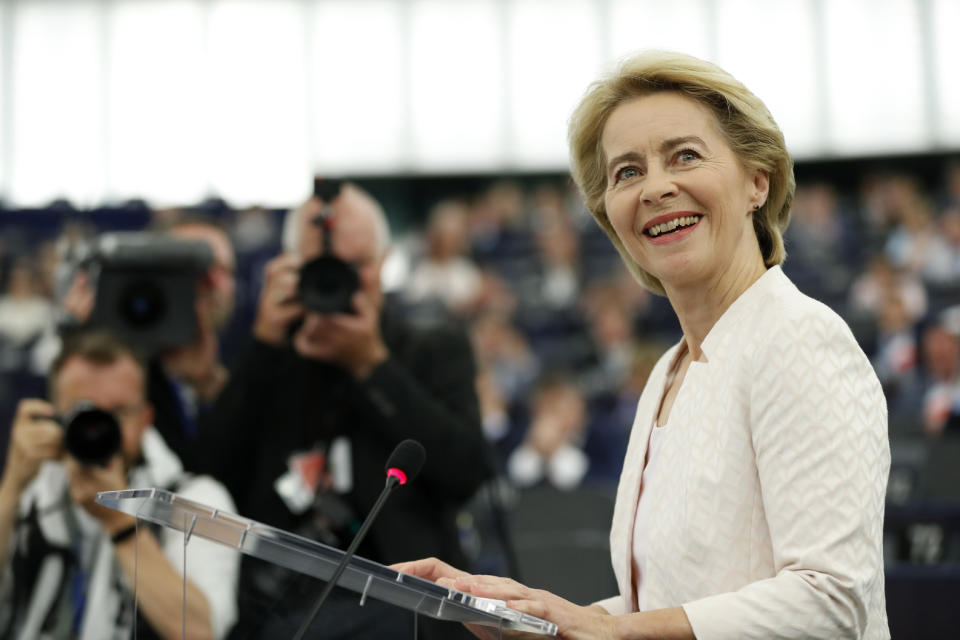 Germany's Ursula von der Leyen delivers her speech at the European Parliament in Strasbourg, eastern France, Tuesday July 16, 2019. Ursula von der Leyen outlined her vision and plans as Commission President. The vote, held by secret paper ballot, will take place later today. (AP Photo/Jean-Francois Badias)