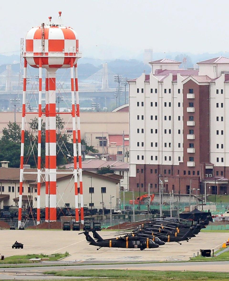 Helicopters are deployed at Camp Humphreys in Pyeongtaek, south of Seoul, on Sunday, a day before South Korea and the US stage an annual joint military exercise (EPA)