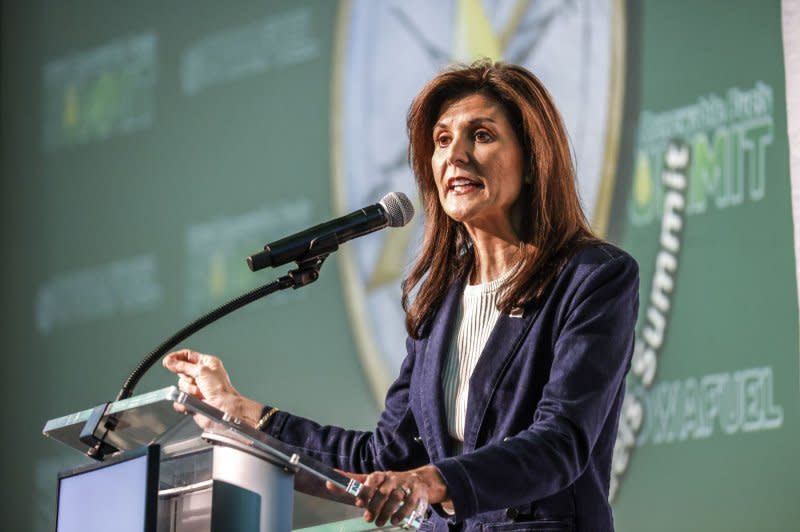 Nikki Haley addresses the Iowa Renewable Fuels Summit in Altoona, Iowa, on January 11. File Photo by Tannen Maury/UPI