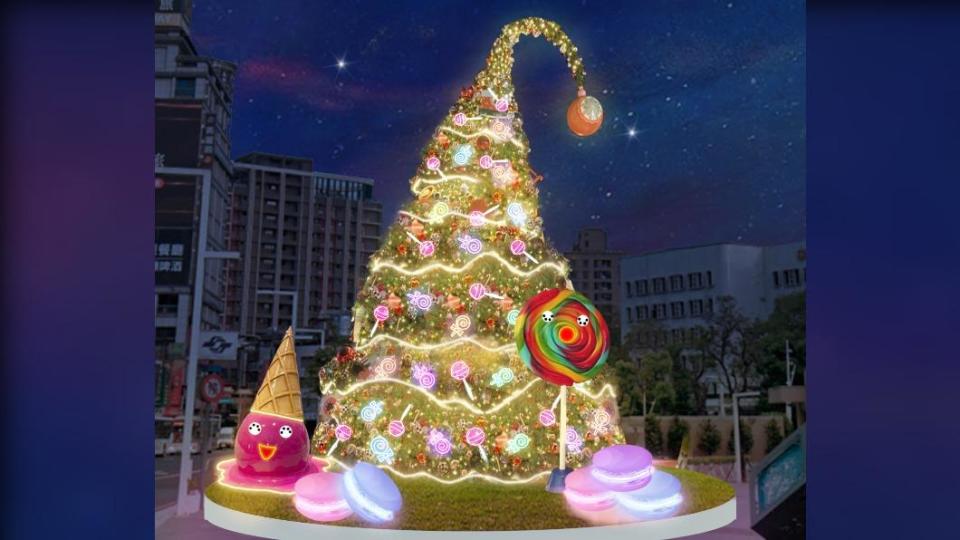 「魔法帽耶誕樹」將馬卡龍、棒棒糖和雪花的元素融合。（圖／新北市政府提供）