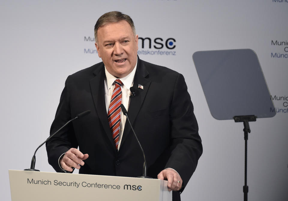 U.S. Secretary of State Mike Pompeo speaks on the second day of the Munich Security Conference in Munich, Germany, Saturday, Feb. 15, 2020. (AP Photo/Jens Meyer)