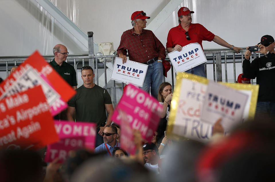 <p>People wait for the arrival of President Donald Trump for a campaign rally at the AeroMod International hangar at Orlando Melbourne International Airport on February 18, 2017 in Melbourne, Florida. (Joe Raedle/Getty Images) </p>