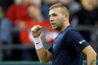 Tennis - Canada v Britain - Davis Cup World Group First Round - Ottawa, Ontario, Canada - 3/2/17. Britain's Daniel Evans reacts during his singles match against Canada's Denis Shapovalov. REUTERS/Chris Wattie