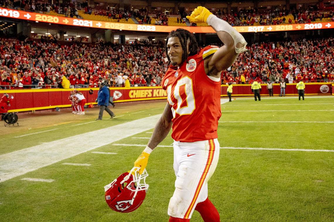 Kansas City Chiefs running back Isiah Pacheco (10) pumps his fist after the Chiefs defeated the Cincinnati Bengals 25-17 in an NFL football game at GEHA Field at Arrowhead Stadium on Sunday, Dec. 31, 2023, in Kansas City.