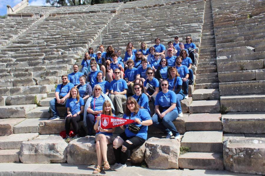 Monmouth College music students recently toured Greece during spring break. They are pictured at a theater in Epidaurus, Greece.
