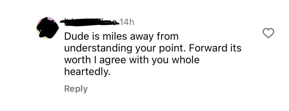 Social media comment agreeing with the original post using the phrase "miles away from understanding your point."