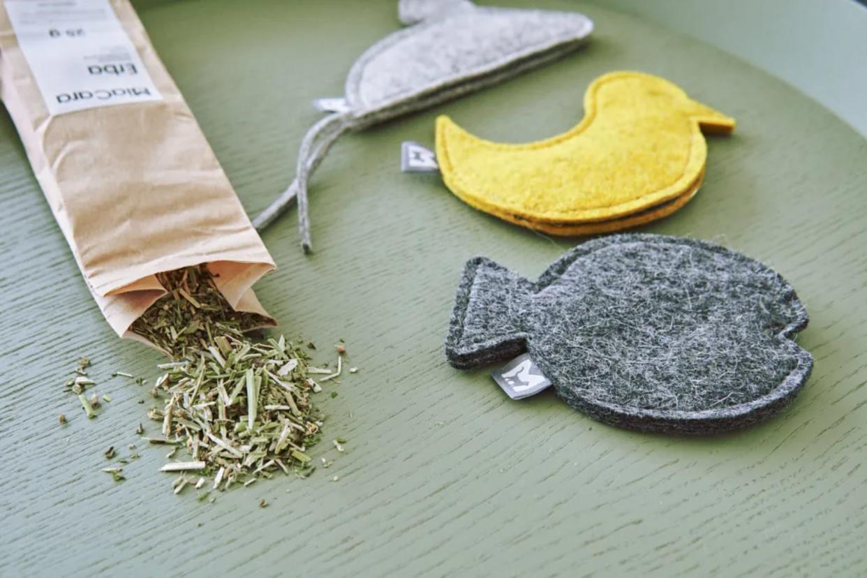 A group of various felt objects displayed beside a bag of green grass