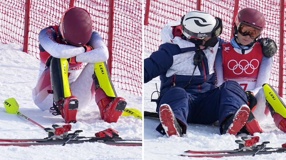 US star Mikaela Shiffrin cut a devastated figure after crashing out of both the slalom and giant slalom at the Beijing Winter Olympics. Pictures: AAP