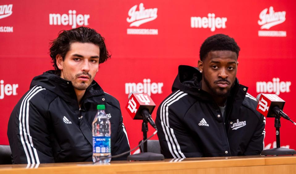 Indiana's Trey Galloway, left, and Xavier Johnson talk about Bob Knight and his lasting influence during a press conference at Simon Skjodt Assembly Hall on Thursday, Nov. 2, 2023.