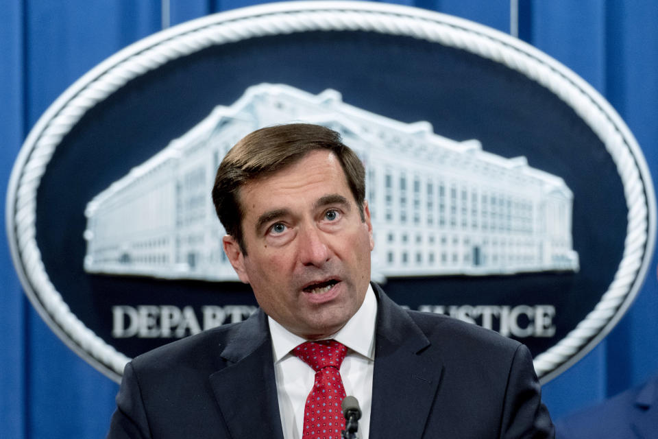 FILE - In this Oct. 19, 2020 file photo, Assistant Attorney General for the National Security Division John Demers speaks at a news conference at the Department of Justice in Washington. Demers will leave his position by the end of next week, a Justice Department official told The Associated Press. (AP Photo/Andrew Harnik, pool)