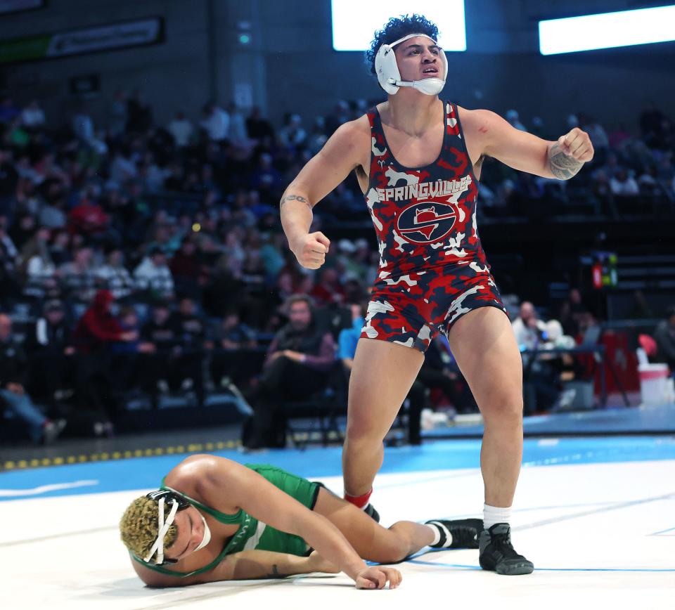 Tevita Valente, Springville, beats Andre Leota, Olympus, at 190 pounds in the 5A boys wrestling state championships at UVU in Orem on Saturday, Feb. 17, 2024. | Jeffrey D. Allred, Deseret News