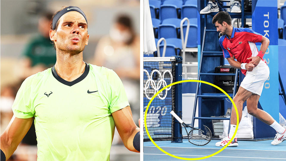 Rafa Nadal (pictured left) looking at his player's box and Novak Djokovic (pictured right) breaking his racquet.