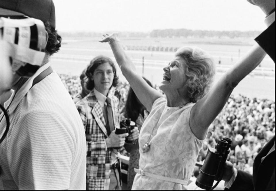 Penny Chenery, owner of Secretariat, reacts to her horse’s win in the Belmont Stakes on June 9, 1973, which produced the sport’s first Triple Crown since 1948.