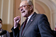 Senate Majority Leader Chuck Schumer, D-N.Y., tells reporters he is furious that the Supreme Court could overturn the landmark 1973 Roe v. Wade case, at the Capitol in Washington, Tuesday, May 3, 2022. Schumer called the news "a dark and disturbing day for America." (AP Photo/J. Scott Applewhite)