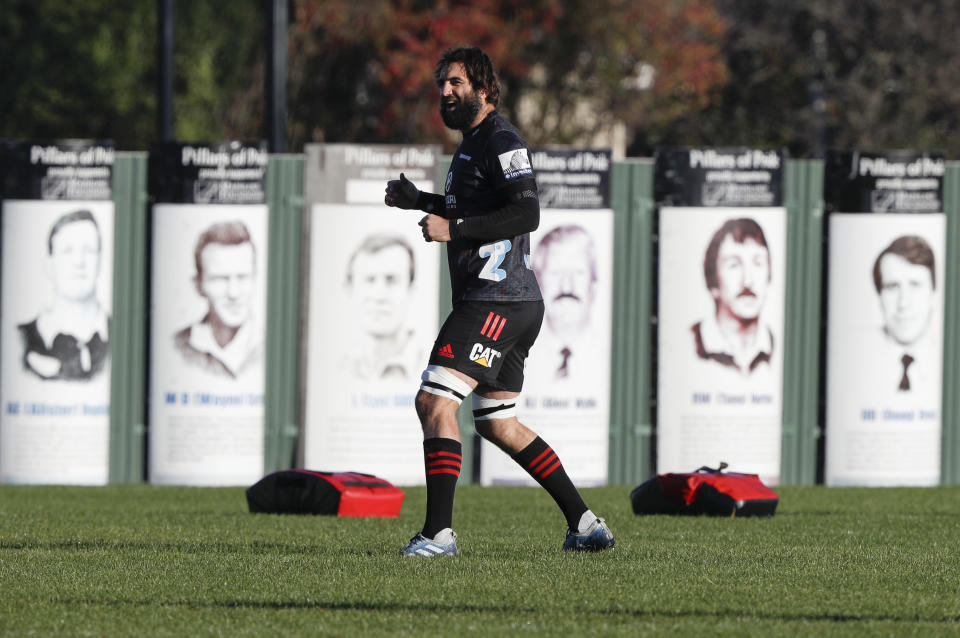 Crusaders Sam Whitelock reacts during a training session at Rugby Park in Christchurch, New Zealand, Wednesday, May 27, 2020. New Zealand's Super Rugby Aotearoa will start on June 13 in a new five-team, 10-week competition. (AP Photo/Mark Baker)