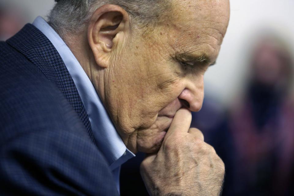 Former New York Mayor Rudy Giuliani pauses while addressing supporters of President Donald Trump Oct.12 during a Columbus Day gathering at a Trump campaign field office in Philadelphia.