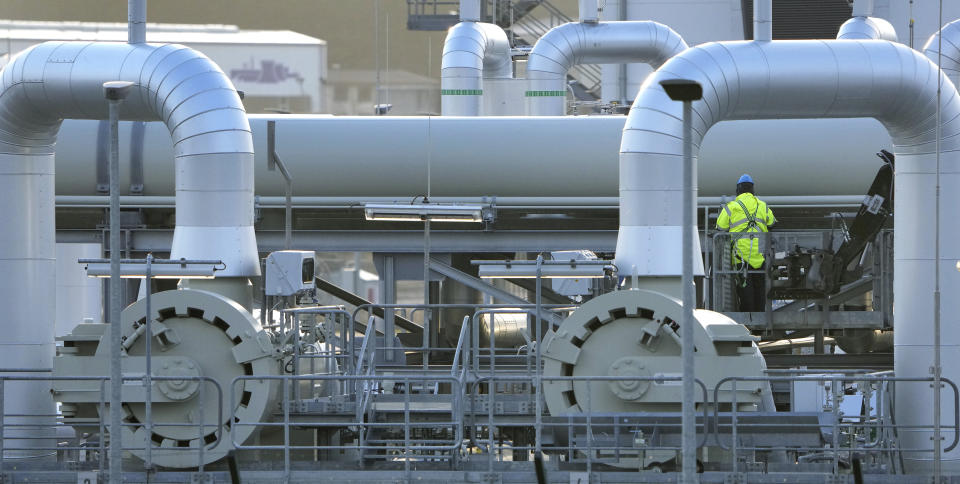 FILE - Pipes at the landfall facilities of the 'Nord Stream 2' gas pipline are pictured in Lubmin, northern Germany, on Feb. 15, 2022. European leaders are turning to Africa for more natural gas as the EU tries to replace Russian exports amid the war in Ukraine. (AP Photo/Michael Sohn, File)