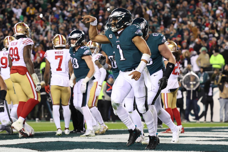 Eagles quarterback Jalen Hurts celebrates a touchdown during last season's NFC championship game against the 49ers. (Perry Knotts/Getty Images)