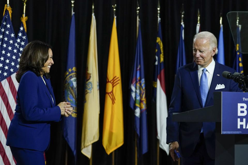 Presumptive Democratic presidential nominee Joe Biden invites his new running mate, Sen. Kamala Harris,  to the stage Wednesday in Wilmington, Delaware, to deliver her first remarks as a vice presidential candidate.