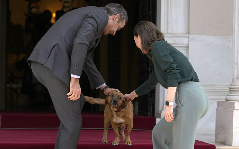 Finland’s Prime Minister Sanna Marin, right, pats Peanut, the dog of her Greek counterpart Kyriakos Mitsotakis, as she arrives at Maximos Mansion in Athens, Greece, on April 28. <em>Associated Press/Thanassis Stavrakis</em>