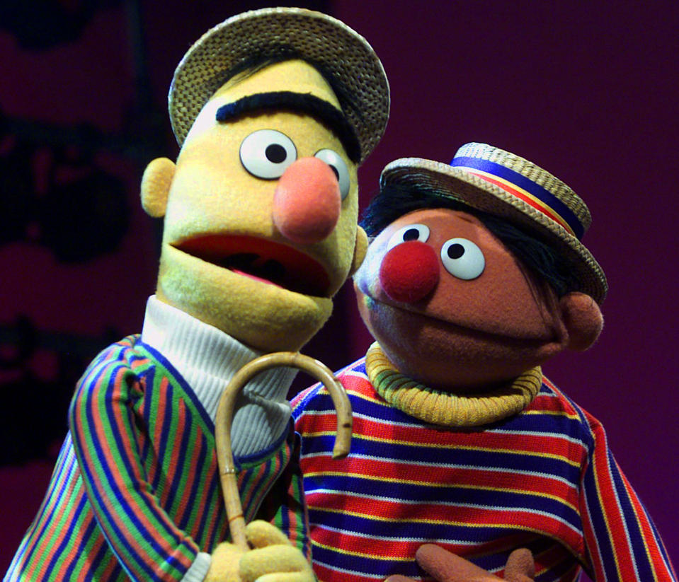 FILE - In this Aug. 22, 2001, file photo, muppets Bert, left, and Ernie, from "Sesame Street," are shown in New York. The popular children's TV show is celebrating their 50th season. (AP Photo/Beth A. Keiser, File)