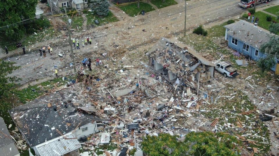 An overhead photo of damage from a house explosion in the 1000 block of North Weinbach Avenue.