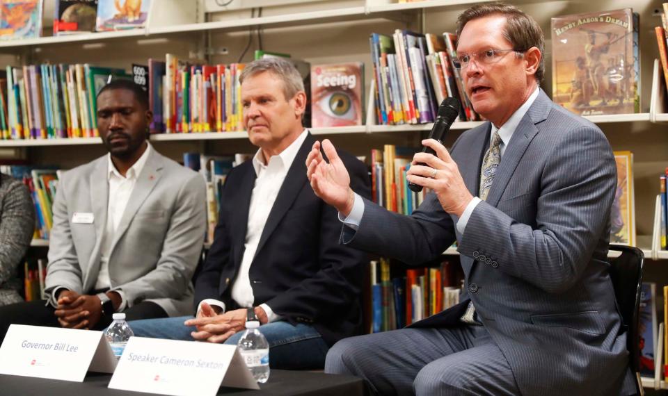 Speaker Cameron Sexton speaks about school vouchers during a panel consisting of parents, the head of New Hope Christian Academy, and Governor Bill Lee on Wednesday, December 13, 2023 at the New Hope Christian Academy library in Memphis, Tenn.