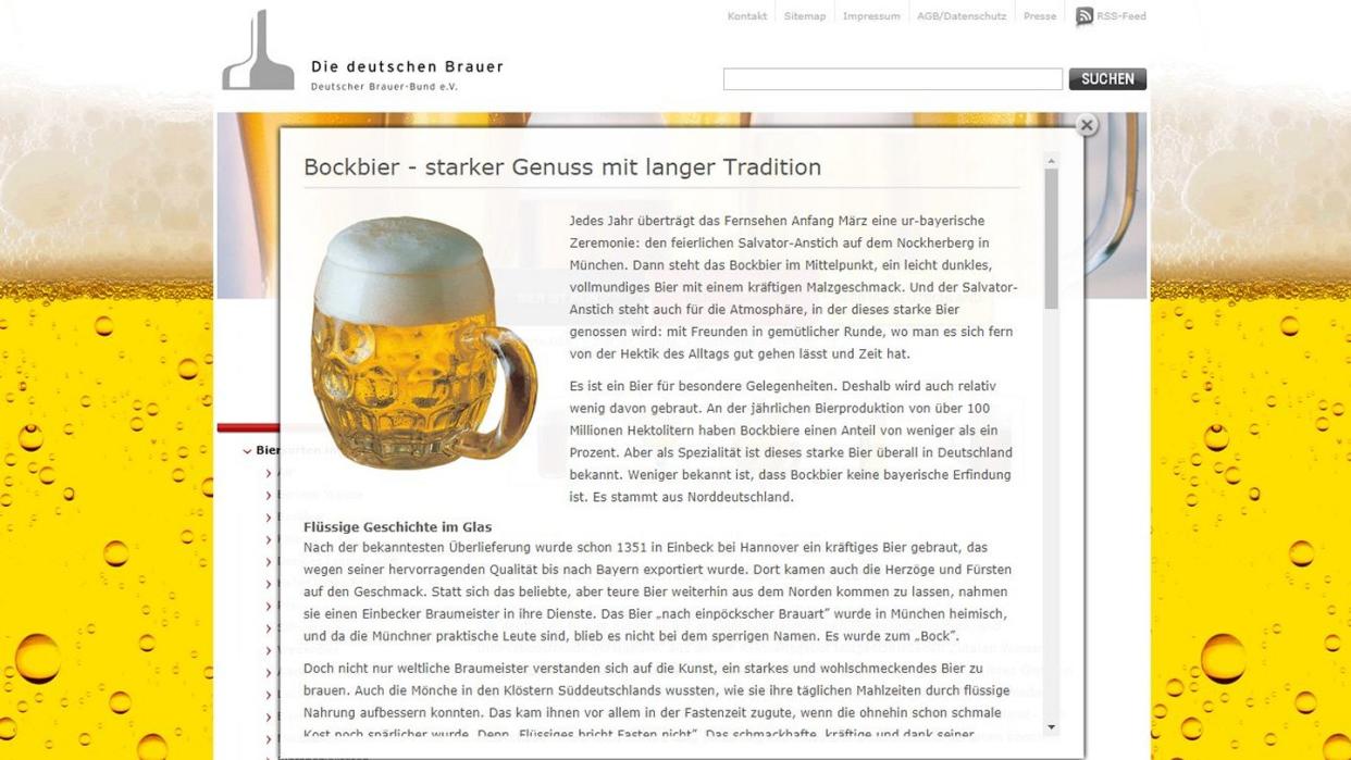 Vollmundig, mit kräftigem Malzgeschmack und eher Spezialität als Massenware: Das Bockbier ist eine von zahlreichen Biersorten, die auf der Website des Brauer-Bundes erklärt werden. Foto: brauer-bund.de