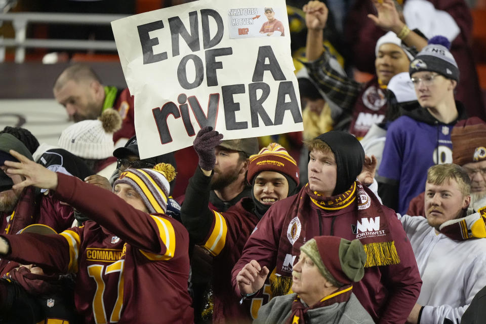 Fans reacting to Washington Commanders head coach Ron Rivera walking off the field at the end of an NFL football game against the Dallas Cowboys, Sunday, Jan. 7, 2024, in Landover, Md. Dallas won 38-10. (AP Photo/Mark Schiefelbein)