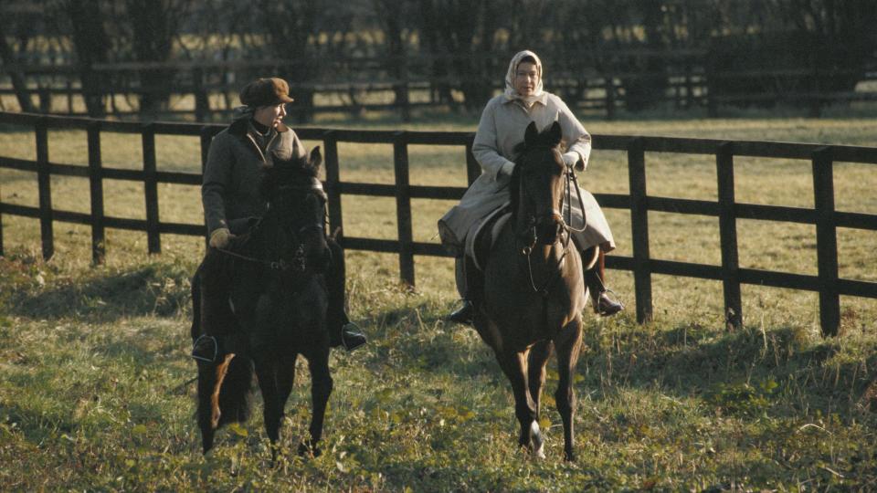 The Queen and Princess Anne ride horses