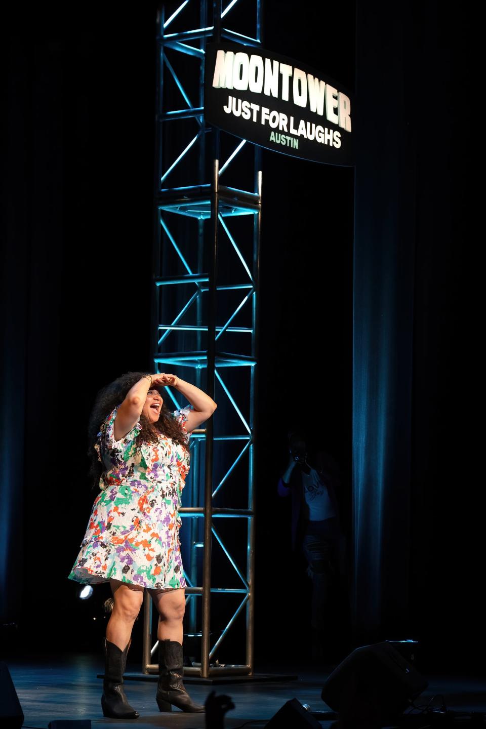 Comedian Michelle Buteau performs at the Moontower Just For Laughs Austin comedy festival at the Paramount Theatre on April 22.