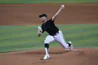 Miami Marlins' Daniel Castano pitches during the first inning of the second game of a baseball doubleheader against the Washington Nationals, Friday, Sept. 18, 2020, in Miami. (AP Photo/Wilfredo Lee)