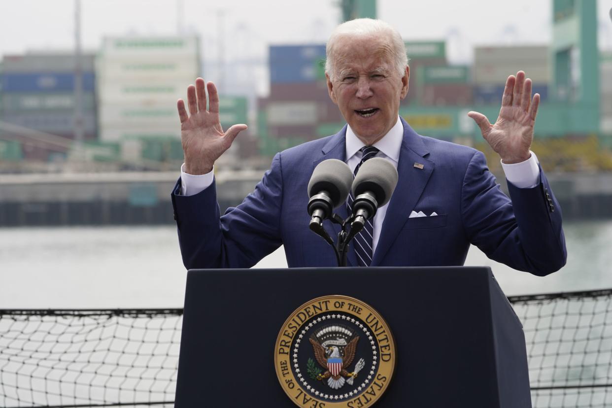 President Joe Biden speaks about inflation and supply chain issues at the Port of Los Angeles, Friday, June 10, 2022, in Los Angeles. 