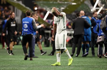 Dec 8, 2018; Atlanta, GA, USA; Portland Timbers forward Dairon Asprilla (27) reacts after losing to the Atlanta United in the 2018 MLS Cup championship game at Mercedes-Benz Stadium. Jason Getz-USA TODAY Sports