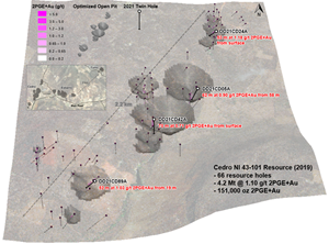Map of 2021 Metallurgical Drill Hole Locations at Cedro PGE Deposit