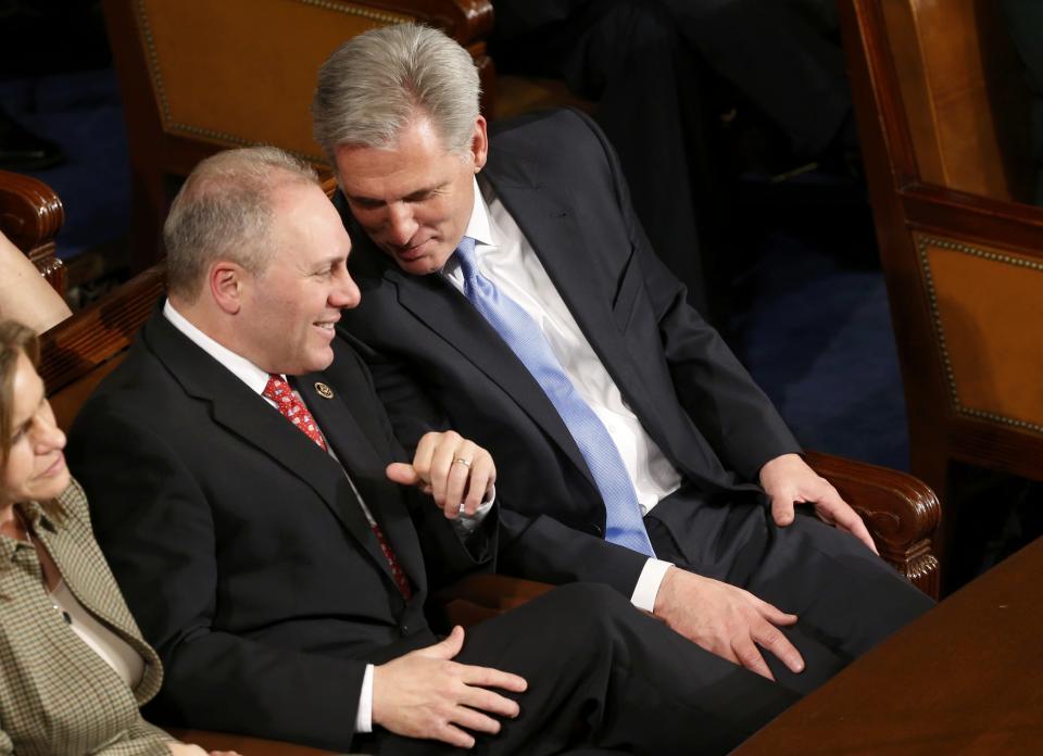 U.S. House of Representatives Majority Whip Scalise and House Majority Leader McCarthy talk as U.S. President Obama delivers his State of the Union address to a joint session of the U.S. Congress on Capitol Hill in Washington