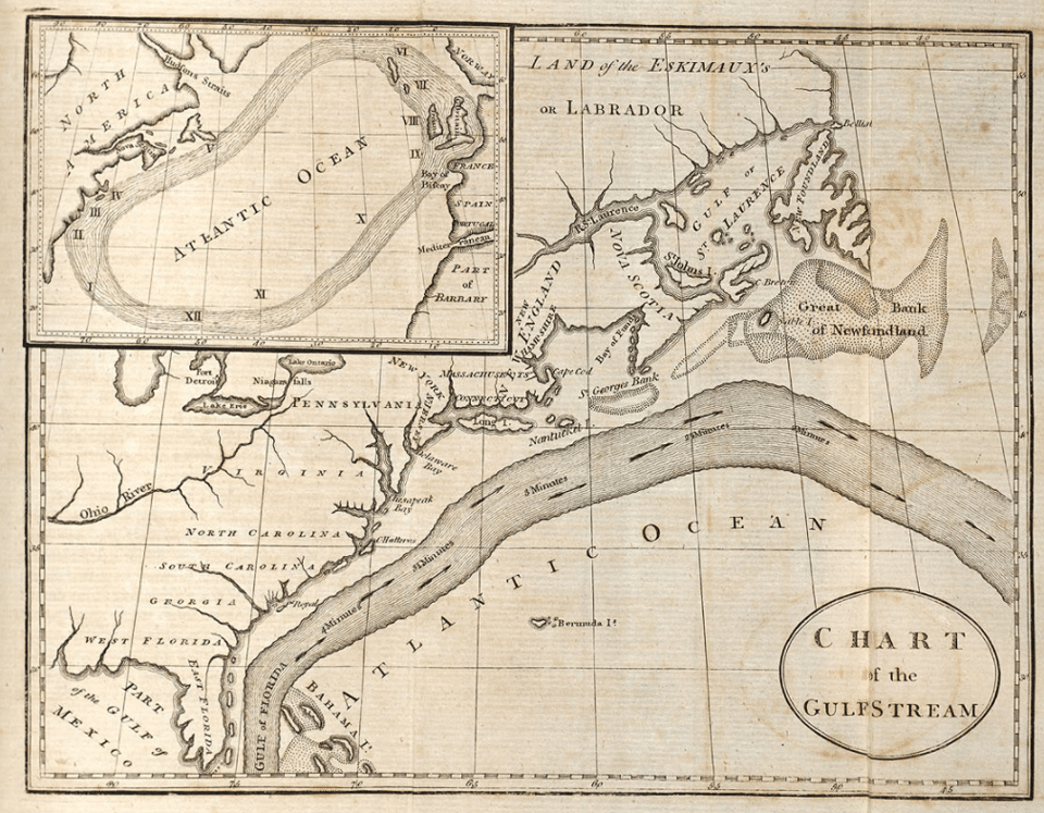 In 1769, Ben Franklin became the first person to map the Gulf Stream when he made the above chart. (NOAA)