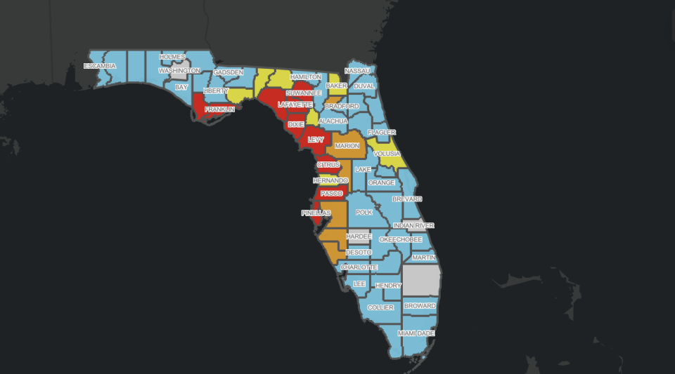 A map from the Florida Division of Emergency Management shows which counties are under an evacuation order on Tuesday as Hurricane Idalia makes its way to the state. The storm is expected to make landfall on Wednesday.  / Credit: Florida Division of Emergency Management