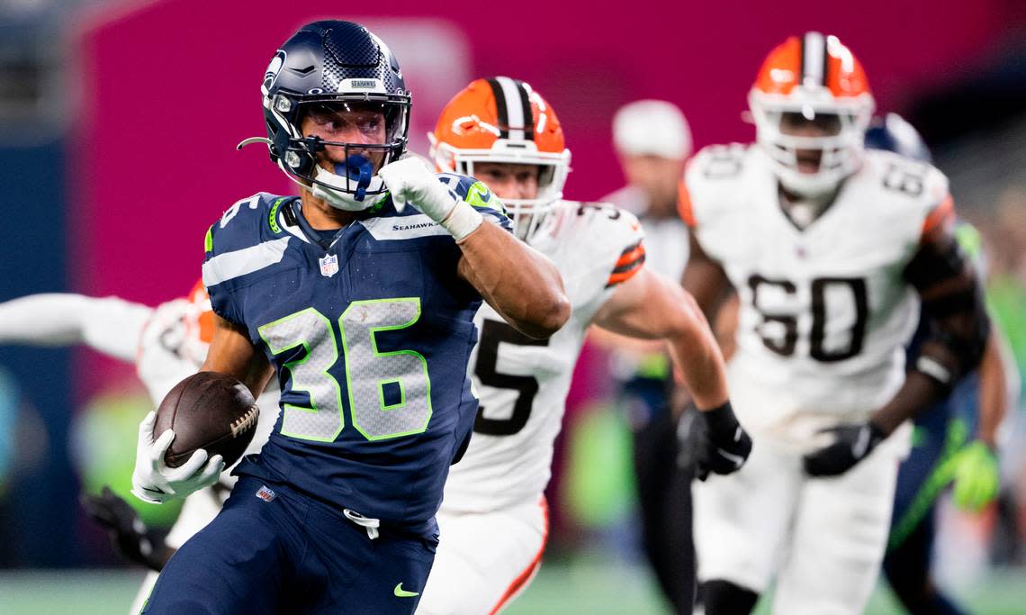 Seattle Seahawks running back George Holani (36) carries the ball during the third quarter of the preseason game at Lumen Field, on Saturday, Aug. 24, 2024 in Seattle, Wash.