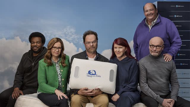 <p>AT&T</p> Craig Robinson, Jenna Fischer, Rainn Wilson, Kate Flannery, Briam Baumgartner, and Creed Bratton in a new 'The Office' reunion commercial for AT&T