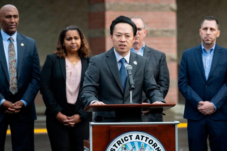 Sacramento County District Attorney Thien Ho addresses the media gathered during a press conference announcing a new retail theft unit on Tuesday at Walmart in south Sacramento.